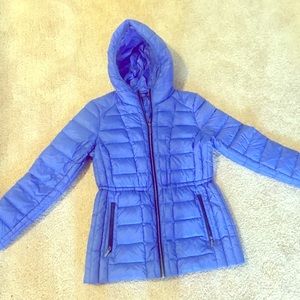 Bright blue Michael Kors packable down ski jacket